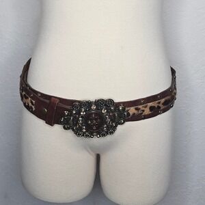 Leatherock Leopard Print Calf Hair Leather Belt Brown Western Crystal Buckle 36